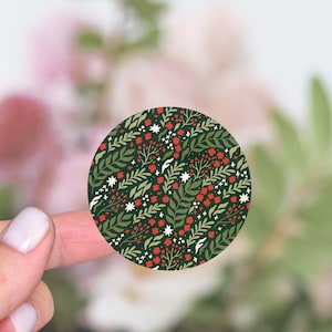 Stickers ronds de Noël, Stickers Noël pour enveloppes, Stickers verts verdure moderne, petits fruits rouges, Stickers ronds, Stickers vacances pour enveloppes - CA118
