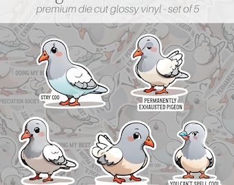 Lot de 5 stickers pigeons en vinyle, Stickers bouteilles d'eau, Stickers ordinateur portable, Stickers rigolos, Stickers mignons, Stickers oiseaux rigolos