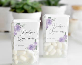 Etykiety miętowe na upominki dla quinceanery, miętowe upominki na 15. urodziny quinceanery, Mis Quince Anos, prezent z fioletową pigwą w kształcie kwiatów i podziękowaniem dla gościa