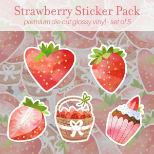 Strawberry Sticker Pack of 5, Vinyl Stickers, Strawberry Stickers, Cute Stickers, Fruit Stickers, Scrapbook Laptop Water Bottle Stickers