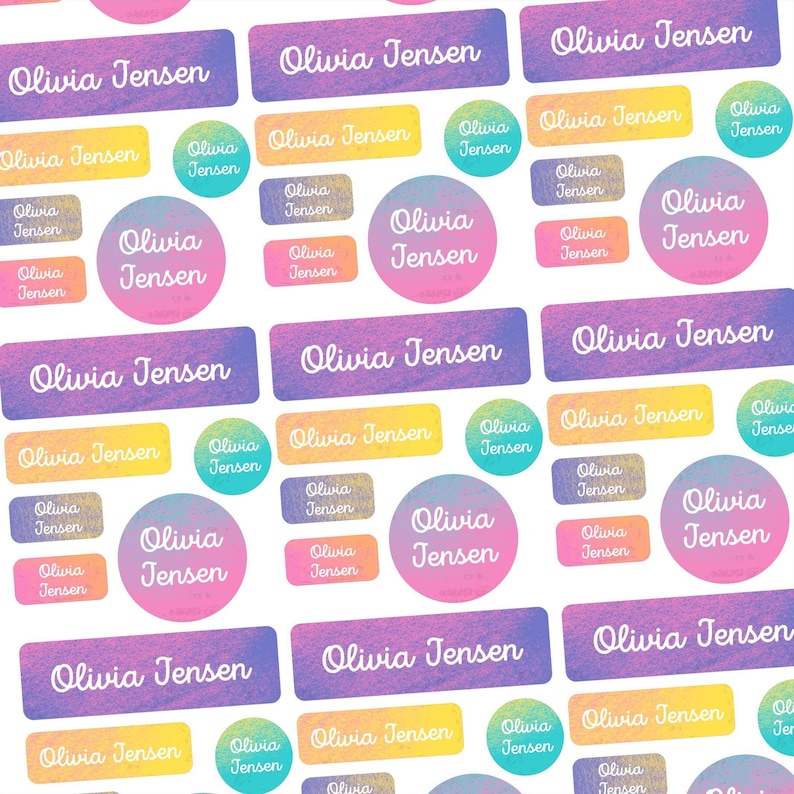 Colorful waterproof name stickers featuring pink, purple, aqua, yellow custom script name designs. Perfect for personalizing school, daycare, and camp items. These durable labels are dishwasher safe, ensuring your child's belongings are stylish and easily identifiable.