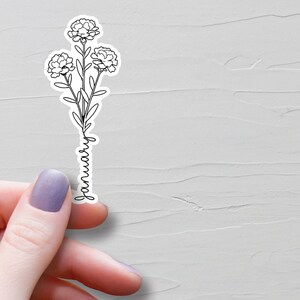 Sticker fleur de naissance janvier, fleur du mois de naissance janvier, dessin au trait oeillet fleur, stickers bouteille d'eau en vinyle, stickers agenda mensuel