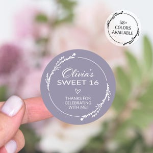 Stickers ronds Sweet 16, Étiquettes de cadeaux Sweet 16, Stickers personnalisés de remerciement pour 16e anniversaire, Fête Sweet 16, Étiquettes cadeaux Sweet 16