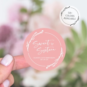 Stickers cadeaux Sweet 16, Stickers personnalisés de remerciement pour 16e anniversaire, Stickers ronds Sweet 16, étiquettes cadeaux Sweet Sixteen