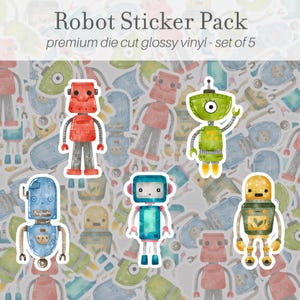 Robot Sticker Pack of 5, Vinyl Stickers, Kids Robot Decals, Cute Stickers, Robot Lover Gift, Water Bottle Stickers, Scrapbook Stickers