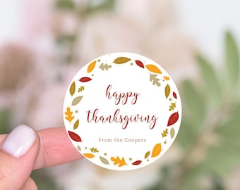 Round Thanksgiving Stickers, Happy Thanksgiving Gift Labels, Rustic Fall Leaves, Personalized Thanksgiving Favors Stickers