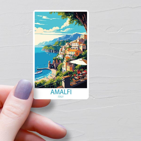 Naklejki Amalfi, winylowe naklejki podróżne, naklejki na wybrzeże Amalfi we Włoszech, naklejki na butelkę z wodą, naklejki na laptopa, naklejki na bagaż, pamiątki - S637