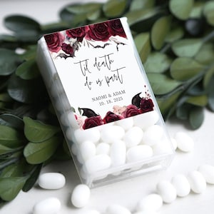 Etiquettes de cadeau d'Halloween à l'état neuf, jusqu'à ce que la mort nous sépare, étiquette cadeau personnalisée pour invités de remerciement pour mariage gothique sorcière