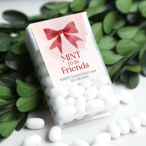May include: A clear plastic box filled with white mints. The box has a label with a red bow and the text "MINT TO BE Friends" and "HAPPY VALENTINE'S DAY XO AMANDA". Green foliage is in the background.