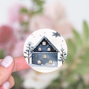 Round Christmas Stickers, Christmas Envelope Seals Stickers, Snowy Christmas House Circle Stickers, Holiday Envelope Stickers - CA88