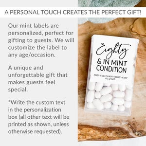Tic Tac mint wrapper labels with 80 and in mint condition phrase fun birthday favor for guests to take home