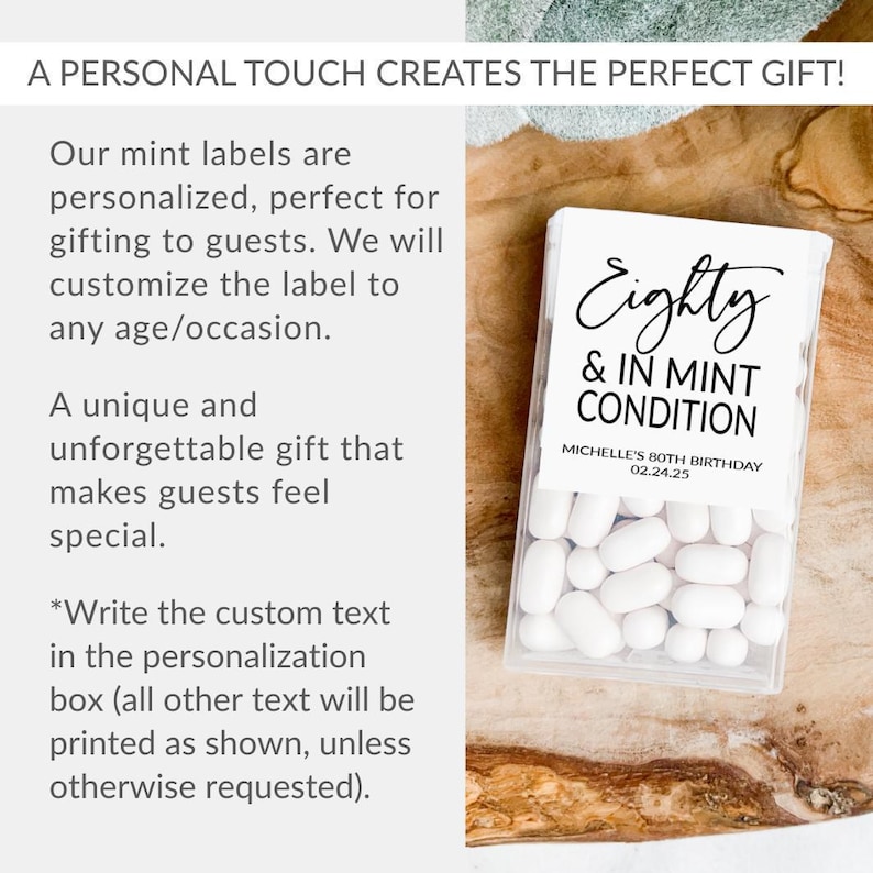 Tic Tac mint wrapper labels with 80 and in mint condition phrase fun birthday favor for guests to take home