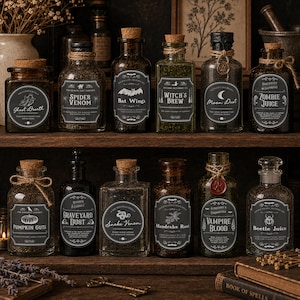 May include: A collection of twelve glass apothecary bottles with cork stoppers, arranged on two wooden shelves. Each bottle features a black label with white text and illustrations, including names like Ghost Breath, Spider Venom, and Vampire Blood.