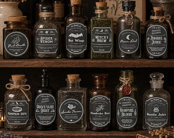Halloween Apothecary Labels, Potion Bottle Stickers, Personalized Witch Jar Labels, Spooky Party Decor, Set of 12