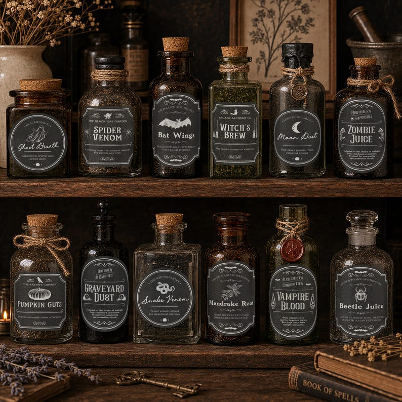 Halloween apothecary label set of 12 on glass potion bottles
Ghost Breath and Spider Venom potion bottle labels
Bat Wings and Witch's Brew apothecary label design