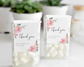 Etichette floreali rosa per bomboniere di compleanno per caramelle alla menta, adesivi per bomboniere di compleanno alla menta, adesivi personalizzati per bomboniere di compleanno alla menta, etichette per caramelle alla menta di compleanno