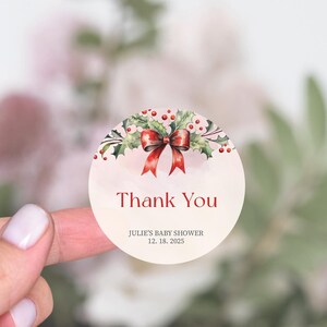 Autocollants Coquette de cadeau de baby shower de Noël, Stickers de remerciement Baby shower, Une joyeuse petite baby shower, Étiquettes de cadeau de baby shower avec noeud rouge