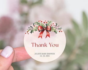 Coquette Christmas Baby Shower Favor Stickers, Thank You Stickers Baby Shower, A Merry Little Baby Shower, Red Bow Baby Shower Favor Labels