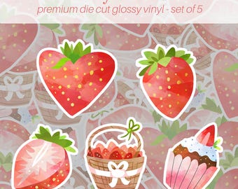 Strawberry Sticker Pack of 5, Vinyl Stickers, Strawberry Stickers, Cute Stickers, Fruit Stickers, Scrapbook Laptop Water Bottle Stickers