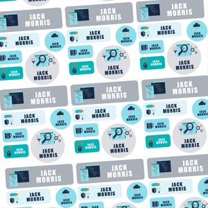 May include: A repeating pattern of labels featuring the name "Jack Morris". The labels are in various shapes, including rectangles and circles. The designs include icons such as a computer screen and a magnifying glass.