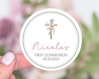First Communion Favors Stickers, Girls First Communion Gift Labels, Pink Floral Cross, First Holy Communion Favor Thank You Stickers