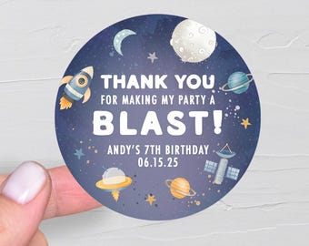 Stickers buitenruimte feestartikelen, astronaut verjaardagslabels, ruimte verjaardagsstickers, maan Galaxy bedanklabels, ruimtethema feestlabel