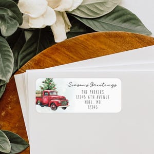 Etiquettes d'adresse de Noël personnalisées, autocollants vintage d'enveloppe de camion rouge de vacances, étiquettes d'adresse de retour personnalisées - CA33
