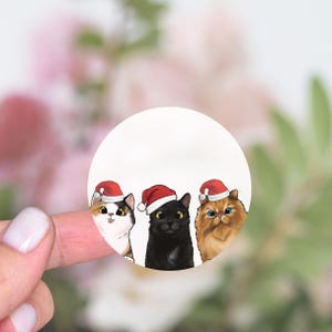 Round Christmas Stickers, Christmas Envelope Seals Stickers, Quirky Santa Hat Cats Circle Stickers, Holiday Envelope Stickers - CA76