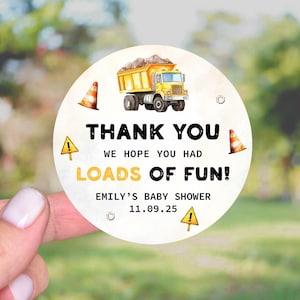 Stickers cadeaux pour baby shower en construction, baby shower de camion à benne basculante, bébé en construction, étiquettes de remerciement pour baby shower
