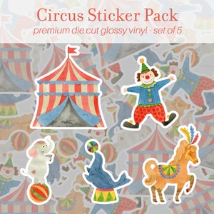 Lot de 5 autocollants cirque, vinyles autocollants, autocollants cirque, thème Carnaval vintage, carnet de scrapbooking, stickers bouteille d'eau pour ordinateur portable - C10