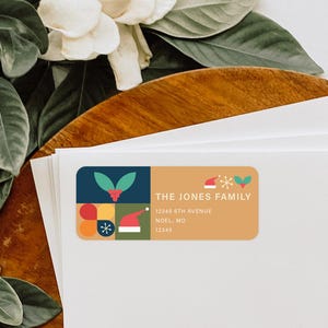 Etiquettes d'adresse personnalisées de Noël, stickers enveloppes de vacances art déco moderne, étiquettes d'adresse personnalisées, étiquettes de retour famille - CA100