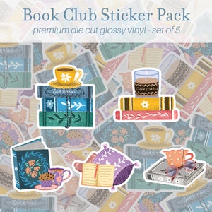 Book Club Sticker Pack of 5, Vinyl Stickers, Book Stickers, Reading Journal, Book Journal Scrapbooking Diary Laptop Water Bottle Stickers