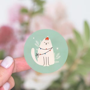 Round Christmas Stickers, Christmas Envelope Seals Stickers, Quirky White Cat Circle Stickers, Holiday Envelope Stickers - CA65