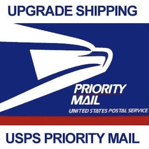 May include: A blue and white USPS Priority Mail label with the text "Upgrade Shipping" at the top and "USPS Priority Mail" at the bottom.