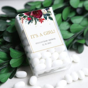 Étiquettes de faveur de baby shower de Noël pour des menthes, autocollants menthe de baby shower de vacances, floral bordeaux, cadeau de remerciement de baby shower de décembre