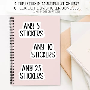 The image is an advertisement for a sticker bundle, featuring a pink notebook with the text "ANY 5 STICKERS ANY 10 STICKERS ANY 25 STICKERS" and a white notebook with the text "ANY 5 STICKERS ANY 10 STICKERS ANY 25 STICKERS".