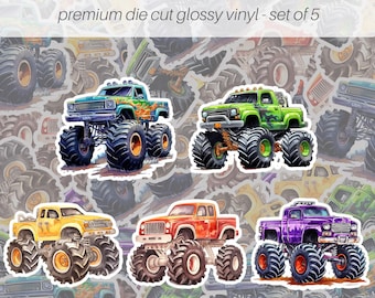 Monster Truck Sticker Pack of 5, Vinyl Stickers, Monster Truck Decals, Cute Stickers, Monster Truck Lover Gift, Water Bottle Stickers