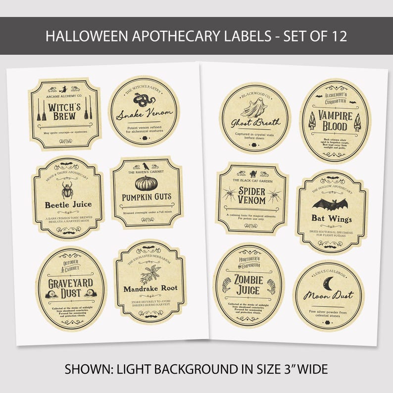 Gothic apothecary label set for Halloween decor
