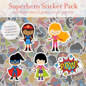 Mädchen Superheld Aufkleber 5er Pack, Vinyl Superheld Aufkleber, süße Aufkleber, Comic-Liebhaber Geschenk, Superheld Laptop Wasserflasche Aufkleber