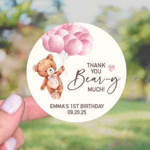 Stickers premier anniversaire Beary, Étiquettes pour cadeaux de fête d'anniversaire 1 an ours en peluche, Stickers Merci ours, Anniversaire à thème Beary, 1er anniversaire Beary
