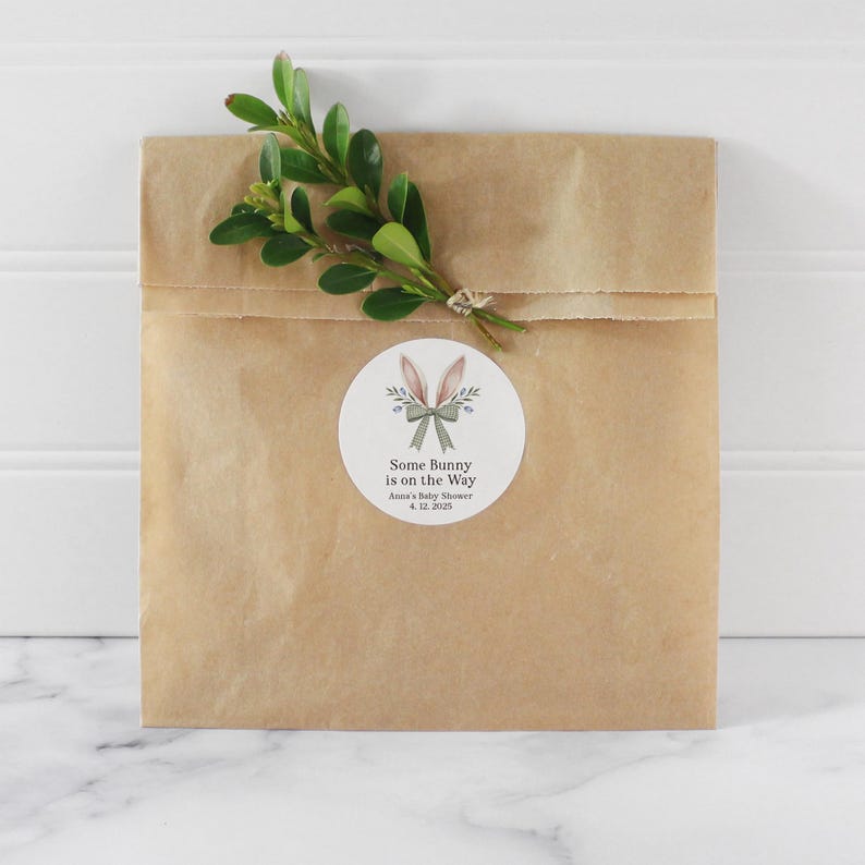 May include: A brown paper bag with a white circle sticker. The sticker has a cartoon bunny with a bow and the text "Some Bunny is on the Way" with the date "4.12.2023".