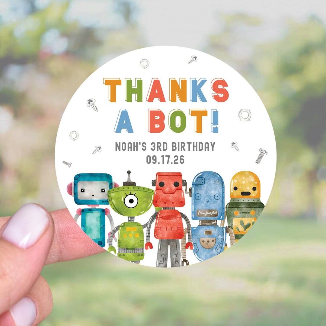 Robot Birthday Stickers, Thanks A Bot Party Favor Tags, Kids Tech Party ...