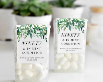 Greenery 90th Birthday Party Favor Mint Labels, Ninety & In Mint Condition Stickers, Mint Favors Stickers, Personalized Mint Birthday Favor
