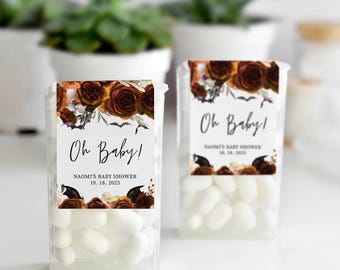 Halloween Baby Shower Favor Labels for Mints, Spooky Mint Thank You Stickers Baby Shower, A Little Boo Is Almost Due, Gothic Baby Shower