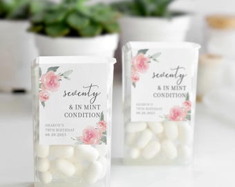 70th Birthday Party Favor Mint Labels, Seventy & In Mint Condition, Pink Floral Mint Favors, Personalized Mint Birthday Favors for Women
