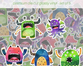 Monster Sticker Pack of 5, Vinyl Stickers, Little Monster Stickers, Cute Stickers, Cute Monsters, Scrapbook Laptop Water Bottle Stickers