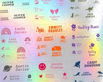 Etiquetas holográficas impermeables para guarderías, pegatinas personalizadas con nombre, aptas para lavavajillas, etiquetas personalizadas con nombre, etiquetas escolares personalizadas, etiquetas para campamentos.