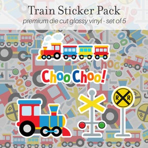 Train Sticker Pack of 5, Vinyl Stickers, Kids Train Decals, Cute Stickers, Train Lover Gift, Railroad Stickers, Laptop Water Bottle Stickers