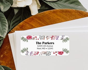 Personalized Christmas Address Labels, Greenery Red Berries Holiday Envelope Stickers, Custom Return Address Labels - CA90