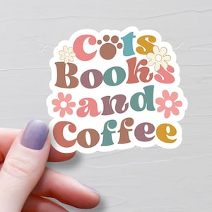 Sticker chats, livres et café, Stickers chats en vinyle, cadeau pour amoureux des chats, Sticker bouteille d'eau, Stickers ordinateur portable, cadeau pour amoureux des livres - S523